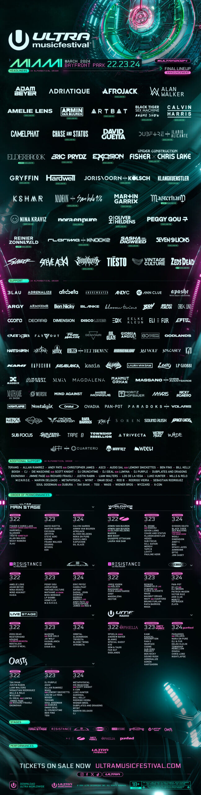 Line-up completo do Ultra Music Festival 2024, ordenado alfabeticamente.